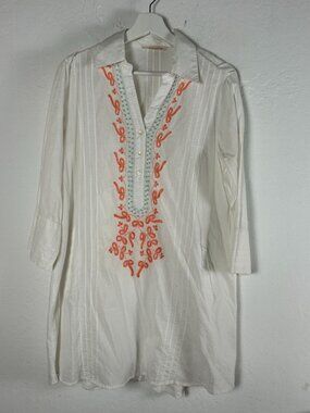 Soft Surroundings Womens Embroidered Meryl Tunic Top Medium White 3/4 Sleeve